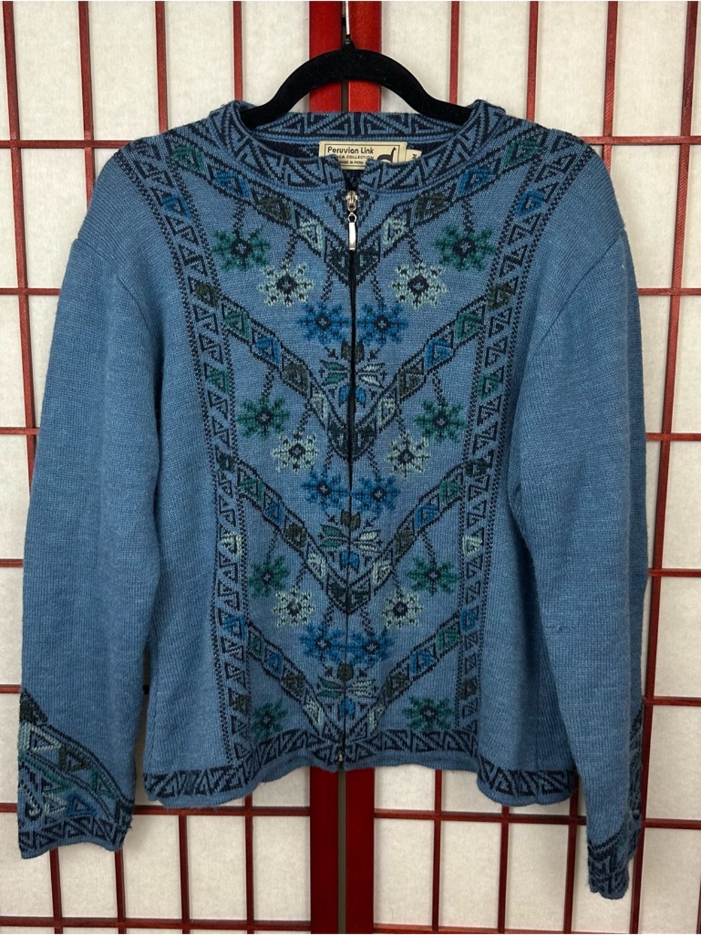 Peruvian Link Blue Front Zip Up Alpaca Wool Geometric Design Cardigan Sweater
